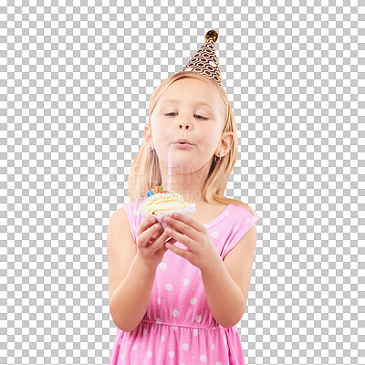 Blow candle, birthday and child with cupcake for holiday party, happy celebration and a wish. Young girl kid on a pink background for surprise, cake or celebrate achievement with a dessert and joy