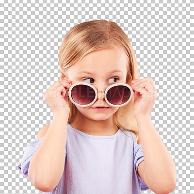 Curious, face and girl child with glasses in studio with news, announcement or promo on pink background. Interesting, information and kid hearing gossip, story or secret, rumor or watching drama