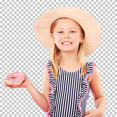 Happy, portrait and girl with a donut or child with sugar, dessert and sweet craving on pink background in studio. Face, smile and hungry kid with donuts on holiday, vacation or weekend diet