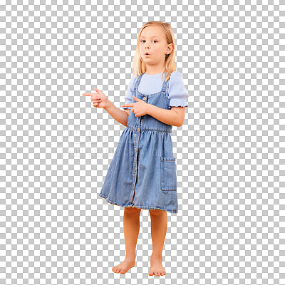 Girl, portrait and child with finger gun in studio for advertising announcement or promotion. Young kid on orange background for pointing or hand sign for direction, attention or fashion mockup space
