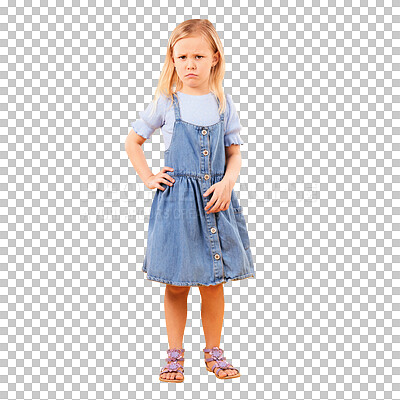 Angry, sad and portrait of girl child in studio with bad news, feedback or negative, review or vote on orange background. Face, frown and annoyed kid with emoji tantrum, behavior or attitude problem
