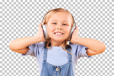 Headphones, portrait or child streaming music to relax with freedom in studio on orange background. Face, smile or happy girl listening to a fun radio song, sound or audio on an online subscription
