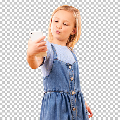 Kiss, selfie or child in studio with confidence or mockup space for photograph memory on web. Fashion, orange background or young girl taking pictures online on a social media app to post on internet