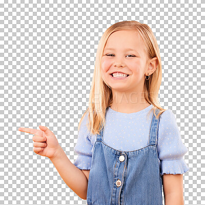 Child, happy portrait and pointing in studio for advertising, announcement or promotion. Excited young girl kid on a orange background for hand gesture, sale or sign for attention or deal offer