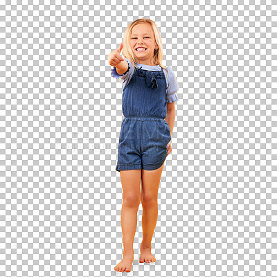 Happy, portrait of child and thumbs up in studio for support, like emoji or yes approval. Excited girl kid on orange background or space for hand gesture, barefoot or sign for agreement or thank you