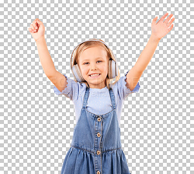 Portrait, child and dance with headphones in studio for freedom, music and excited party on orange background. Happy girl with energy listening to audio, streaming sound and celebrate song on radio