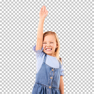 Learning, hands raised and happy kid with question in studio isolated on an orange background mockup space. Excited, answer and girl student asking why, knowledge and education at kindergarten school