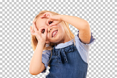 Kids, fun and hand glasses by girl in studio playing, free and funny gesture against orange background space. Finger, frame and child with silly expression, mood or personality, playful or games