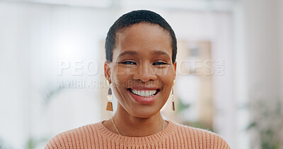 Buy stock photo Happy, black woman and portrait in a home with confidence and smile in a living room. House, excited and funny joke with a relax African female person from Ghana in a lounge at morning with joy