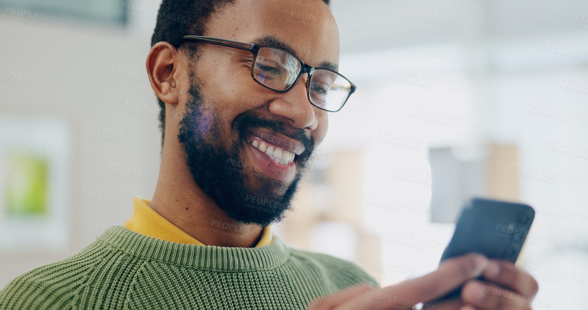 Buy stock photo Happy, black man and phone text at house with smile from social media scroll and internet in a home. Mobile networking, male person and relax with email app and blog search with typing a message 