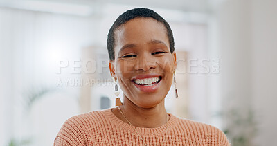 Buy stock photo Happy, black woman and portrait in a house with confidence and smile in a living room. New home, excited and funny joke with a relax African female person from Ghana in a lounge at morning with joy