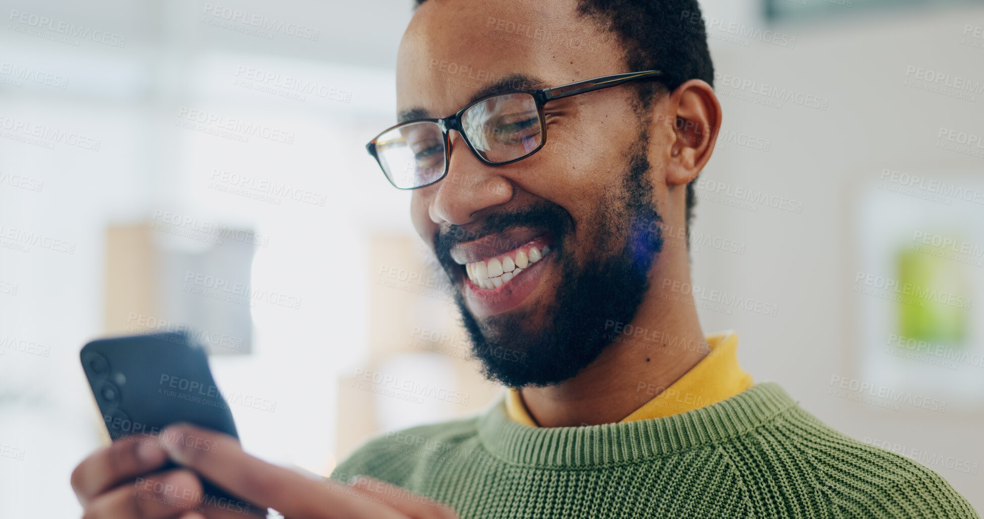 Buy stock photo Happy, black man and phone with text and smile from social media scroll and internet in a home. Mobile networking, male person and happy with app and blog search for online shopping and message 