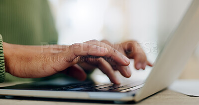 Buy stock photo Closeup, hands and typing email on a laptop for communication, online business or website. Zoom, table and a worker with a computer for internet, search or working on a pc for remote work or chat