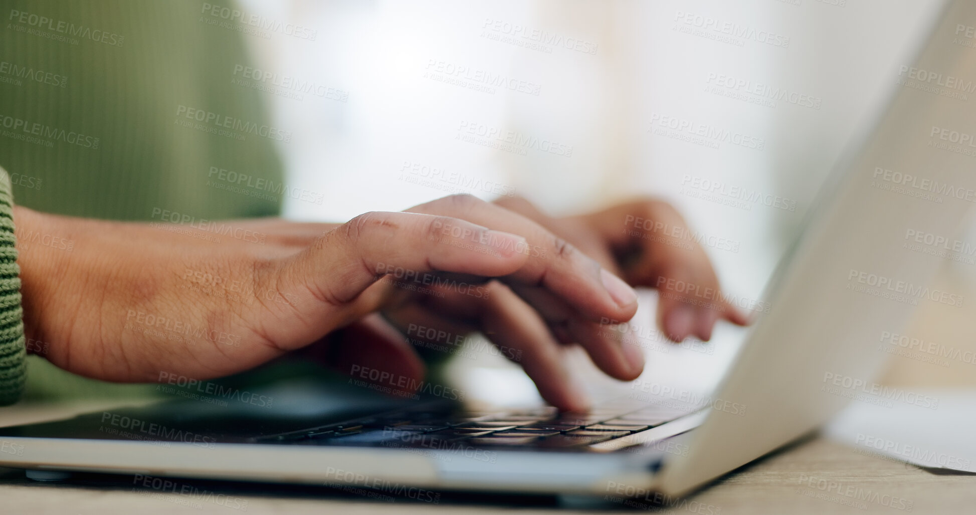 Buy stock photo Closeup, hands and typing email on a laptop for communication, online business or website. Zoom, table and a worker with a computer for internet, search or working on a pc for remote work or chat