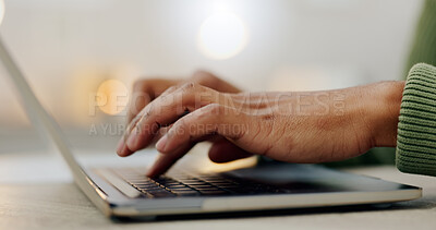 Buy stock photo Closeup, hands and typing on a laptop keyboard for communication, online business or website. Zoom, table and a worker with a computer for internet, search or working on a pc for remote work or chat