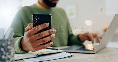 Buy stock photo Phone, laptop and hands multitask or typing for work, online and man with project notebook on desk. Cellphone, app and businessman check information, email or research notes on internet and computer