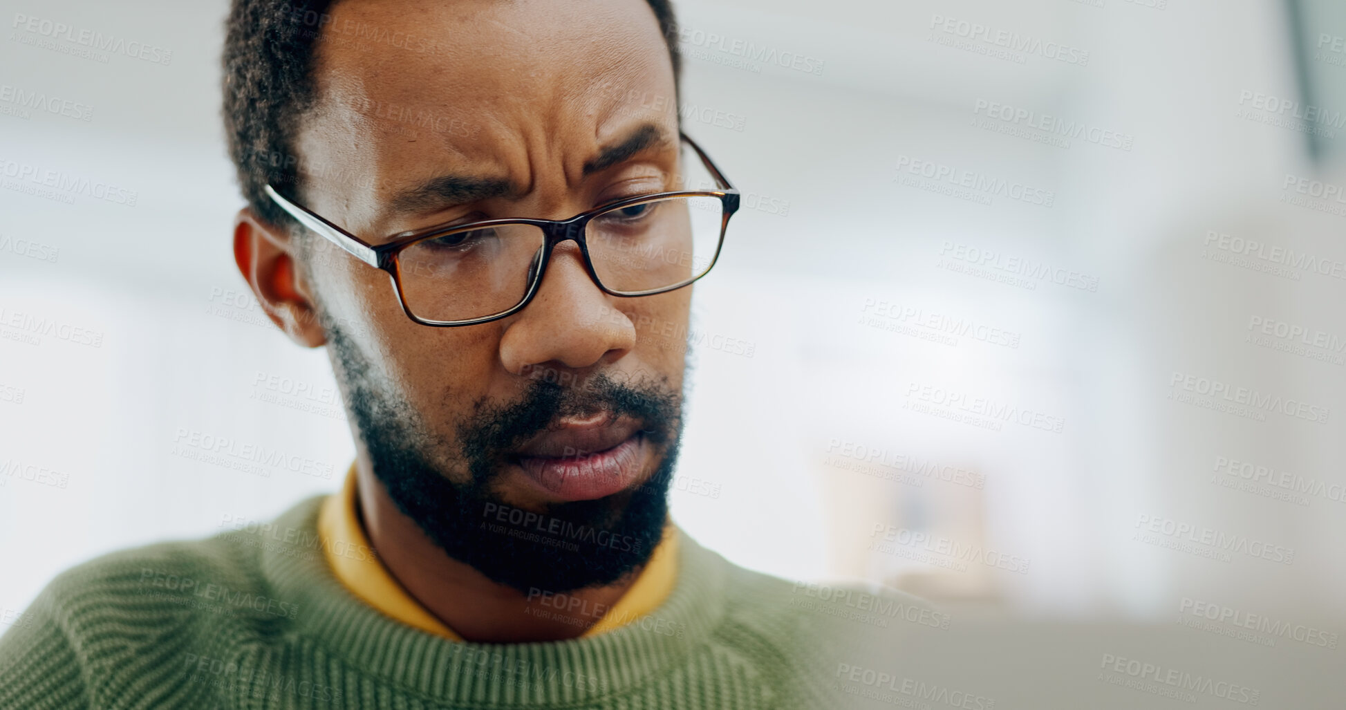 Buy stock photo Thinking, black man and a laptop for remote work, email or reading information online. Connection, confused and an African entrepreneur with a computer for entrepreneurship, freelance job or strategy