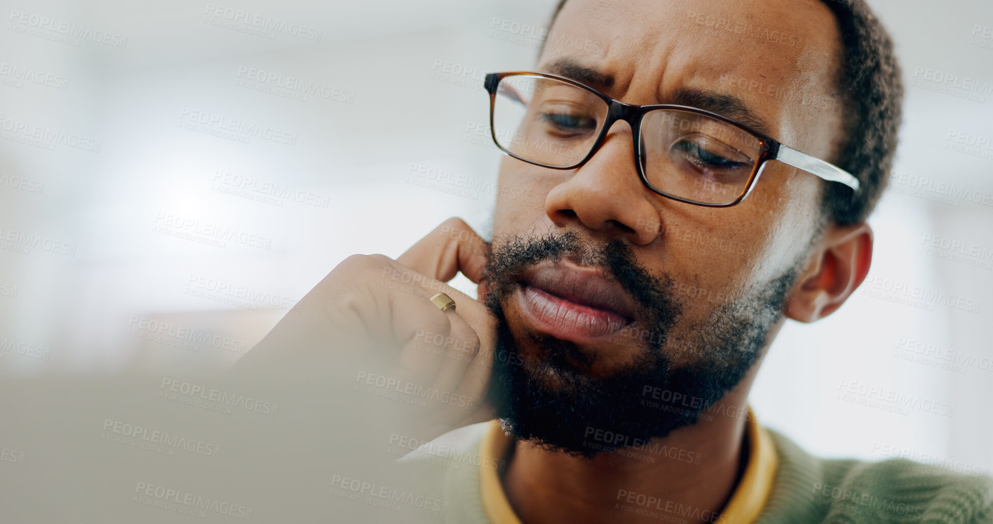 Buy stock photo Thinking, remote work and black man with laptop for planning, connection or entrepreneurship. Ideas, house and African freelance worker or entrepreneur reading from a computer for internet or email