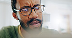 Man, thinking or frown at work laptop confusion, thoughts or problem solving. Black person, glasses closeup or job email communication stress or plan doubt, research brainstorming or freelance fail