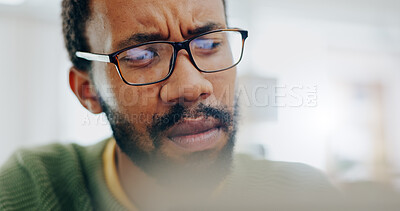 Buy stock photo Man, thinking or confused at work laptop or idea, thoughts problem solving. Black person, glasses closeup or job email communication stress or plan doubt, research brainstorming or freelance fail