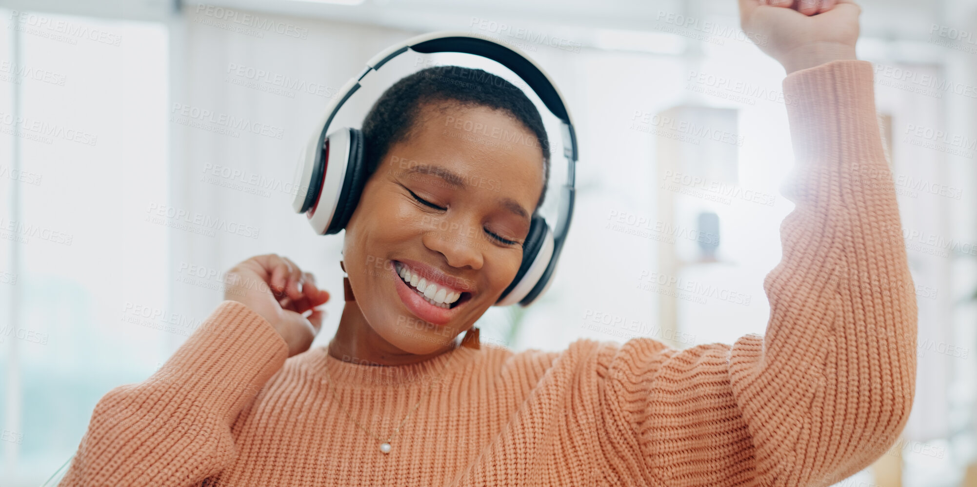 Buy stock photo Happy, dancing and black woman with headphones, home and streaming music with happiness. African person, apartment and girl with headset, listening to sound and audio with technology and celebration