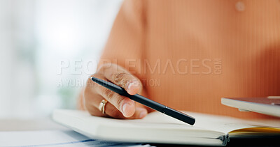 Buy stock photo Notes, woman pen and hand with book for planning, schedule and home office with paperwork. Diary, planner and journal writing with a person at a desk with notebook and documents with list in house