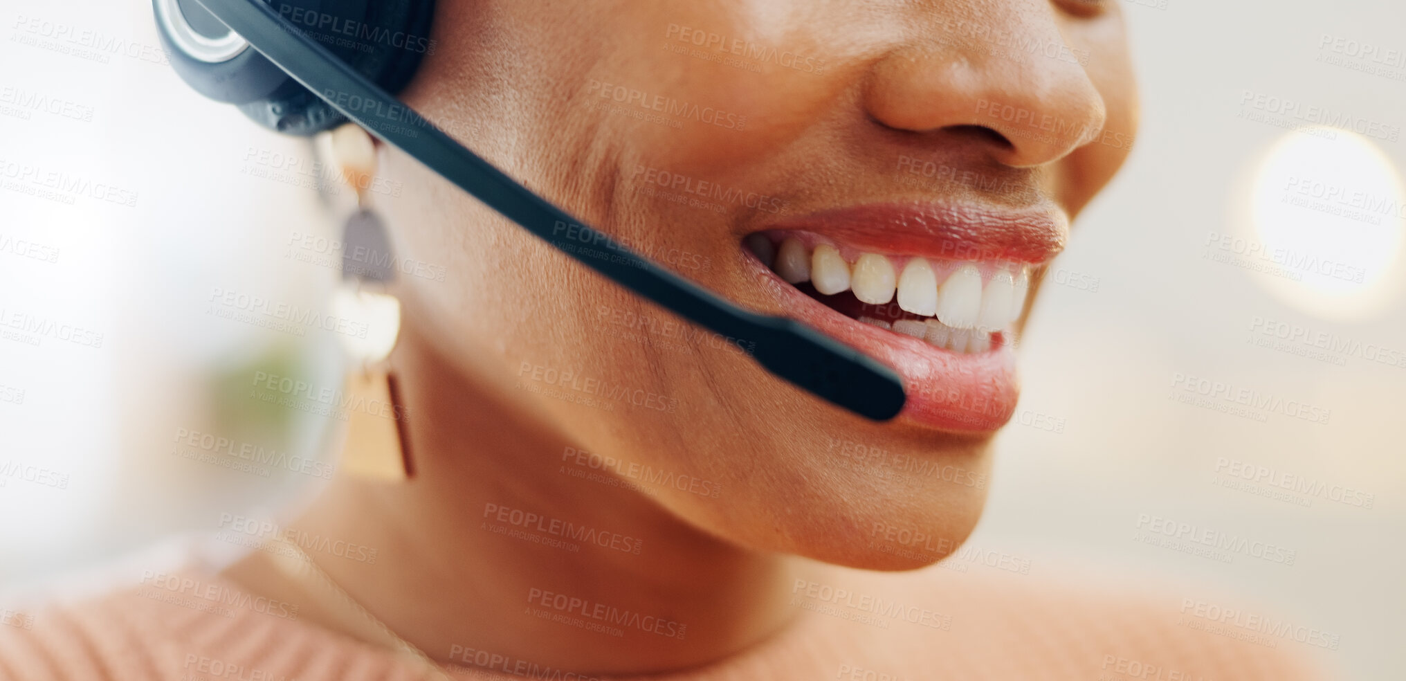 Buy stock photo Call center headset, mouth or business person conversation on telemarketing, consultation or technical support. Help desk closeup, administration receptionist and agent consulting on lead generation