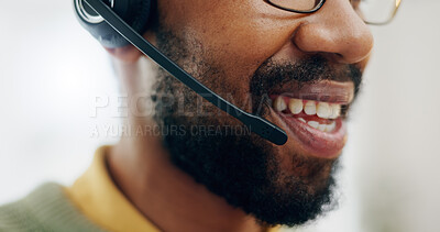 Buy stock photo Call center headset, mouth and professional man speaking on telemarketing, sales pitch or customer care support. Help desk closeup, communication microphone and agent consulting on advisory service