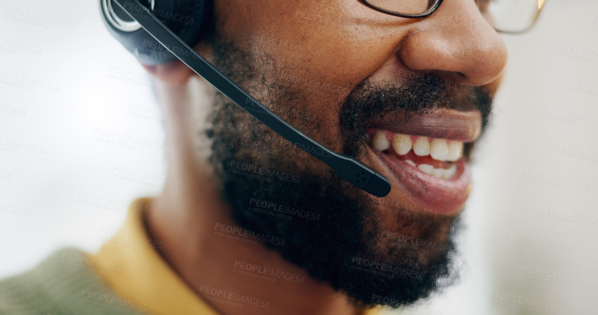 Buy stock photo Call center headset, mouth and professional man speaking on telemarketing, sales pitch or customer care support. Help desk closeup, communication microphone and agent consulting on advisory service