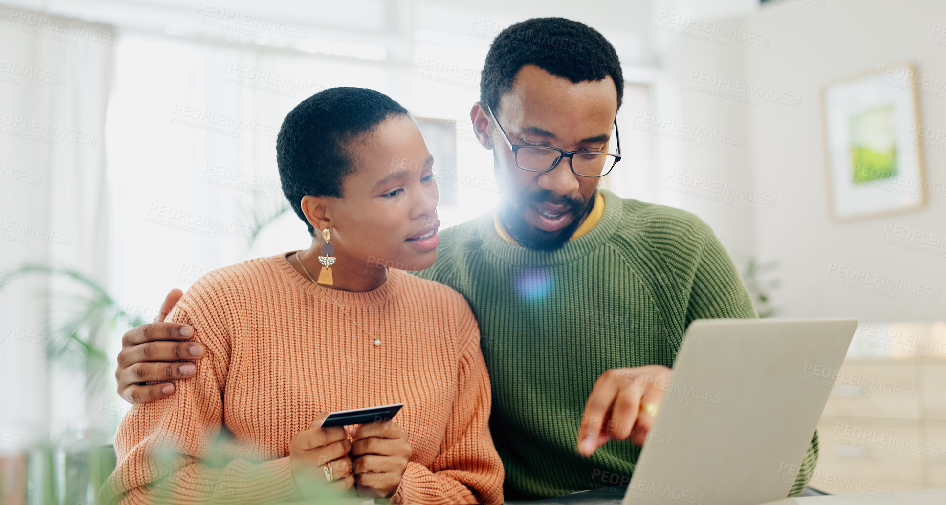 Buy stock photo Payment, credit card and a black couple with a laptop for online shopping, banking or search on website. Ecommerce, house and an African man and woman reading information to pay from an email