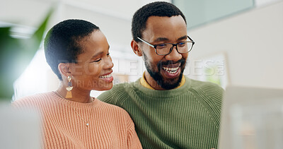 Buy stock photo Happy, home laptop and relax black couple reading, smile or watch social media video, blog or relationship news. Happiness, living room couch and African man, woman or marriage people check web info