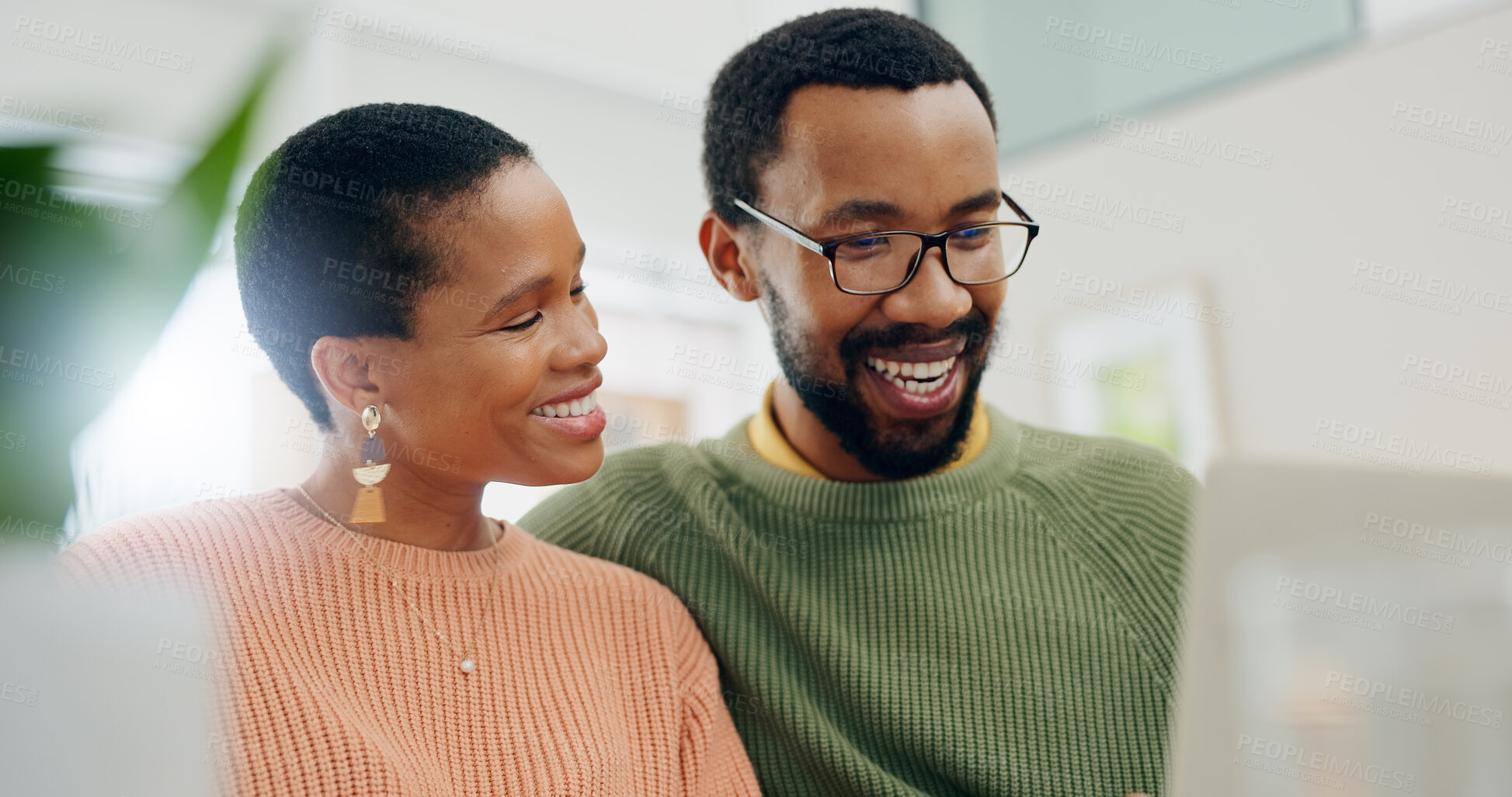 Buy stock photo Happy, home laptop and relax black couple reading, smile or watch social media video, blog or relationship news. Happiness, living room couch and African man, woman or marriage people check web info