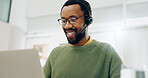 Customer service laptop, happy and professional black man conversation on telemarketing, consultation or tech support. Home, freelance remote work and African consultant smile for lead generation