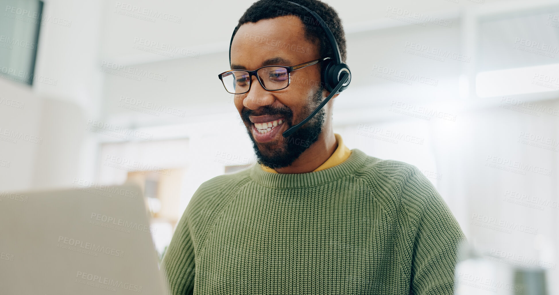 Buy stock photo Customer service laptop, happy and professional black man conversation on telemarketing, consultation or tech support. Home, freelance remote work and African consultant smile for lead generation