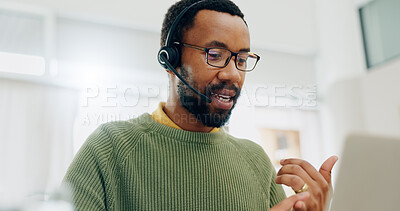 Buy stock photo Customer service, laptop video call and professional black man explain telemarketing, project advice or tech support. Online meeting, web conference mic or African consultant counting on webinar chat