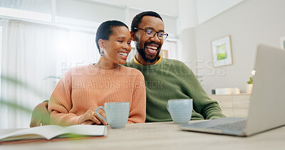 Buy stock photo Coffee, video call and happy woman at home on a living room sofa with a man and hot drink. Couple, laptop and smile with communication and conversation together with love and support on a couch