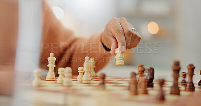 Buy stock photo Closeup, chess and hands with person, game and expert with strategy, skills and winner. Player, competition and contest with professional, activity and hobby with tournament, knowledge and challenge