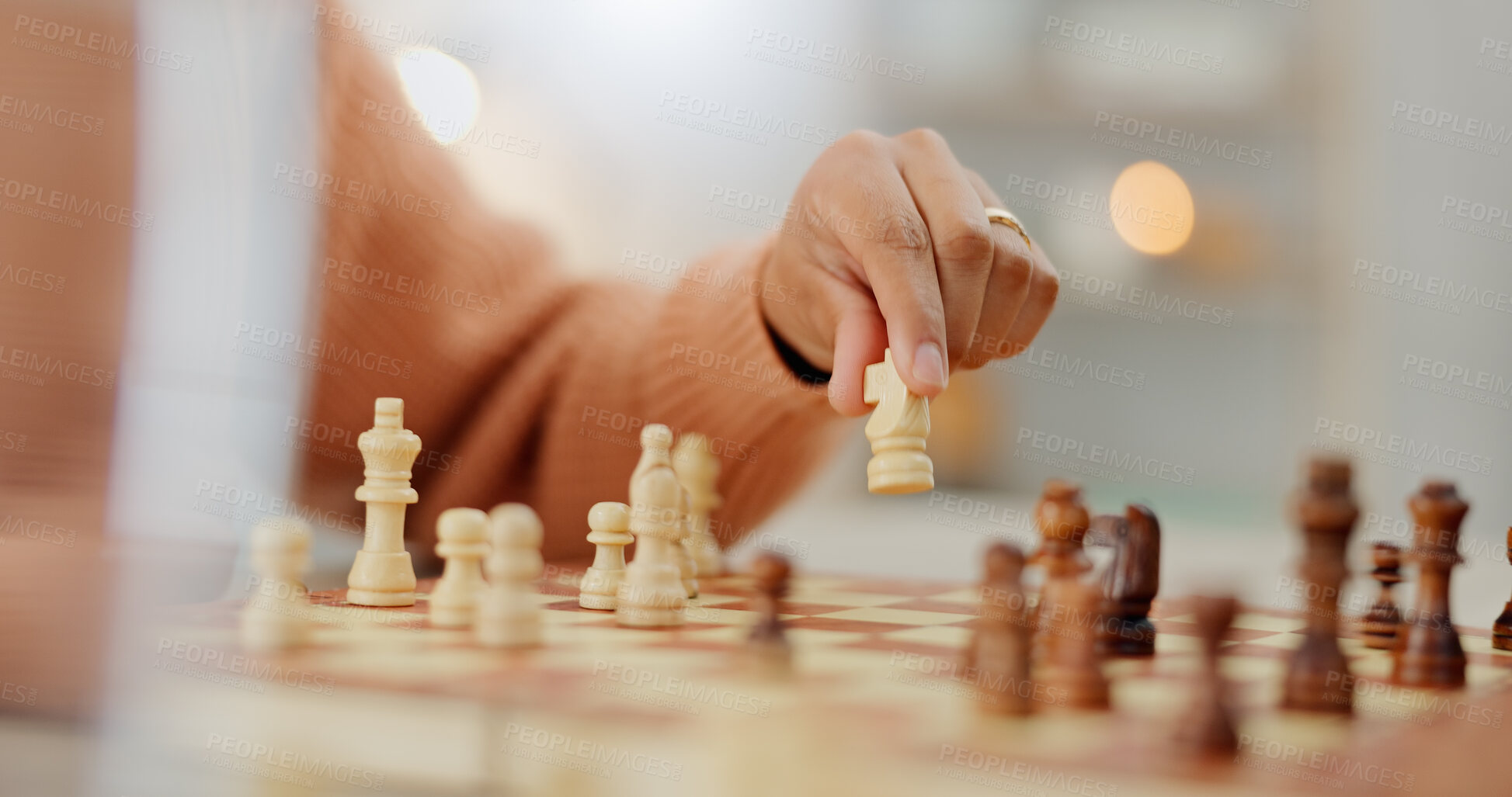 Buy stock photo Closeup, chess and hands with person, game and expert with strategy, skills and winner. Player, competition and contest with professional, activity and hobby with tournament, knowledge and challenge