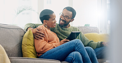 Buy stock photo Hug, home tablet and black couple smile for social network app, wellness blog or relationship romance, support or care. Lounge sofa, marriage partner and African man, woman or people hugging for love