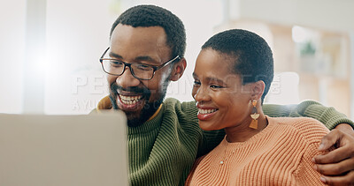 Buy stock photo Home laptop, smile and black couple reading online shop discount, social network post or relationship news website. Network connection, computer and African people search internet, web or media page