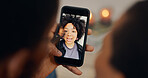 Couple, back and a phone for a video call with an advisor for communication or marriage advice. Social media, home and people speaking to a lawyer or consultant on a mobile for legal conversation