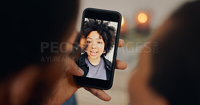 Buy stock photo Couple, screen and a phone for a video call with a woman for communication or marriage advice. Social media, home and people speaking to a consultant on a mobile for a conversation or contact