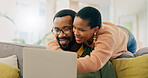 Home laptop, hug and black couple reading online shop deal, social network post or omnichannel website. Network connection, PC and African wife, husband or people search internet, web or media page