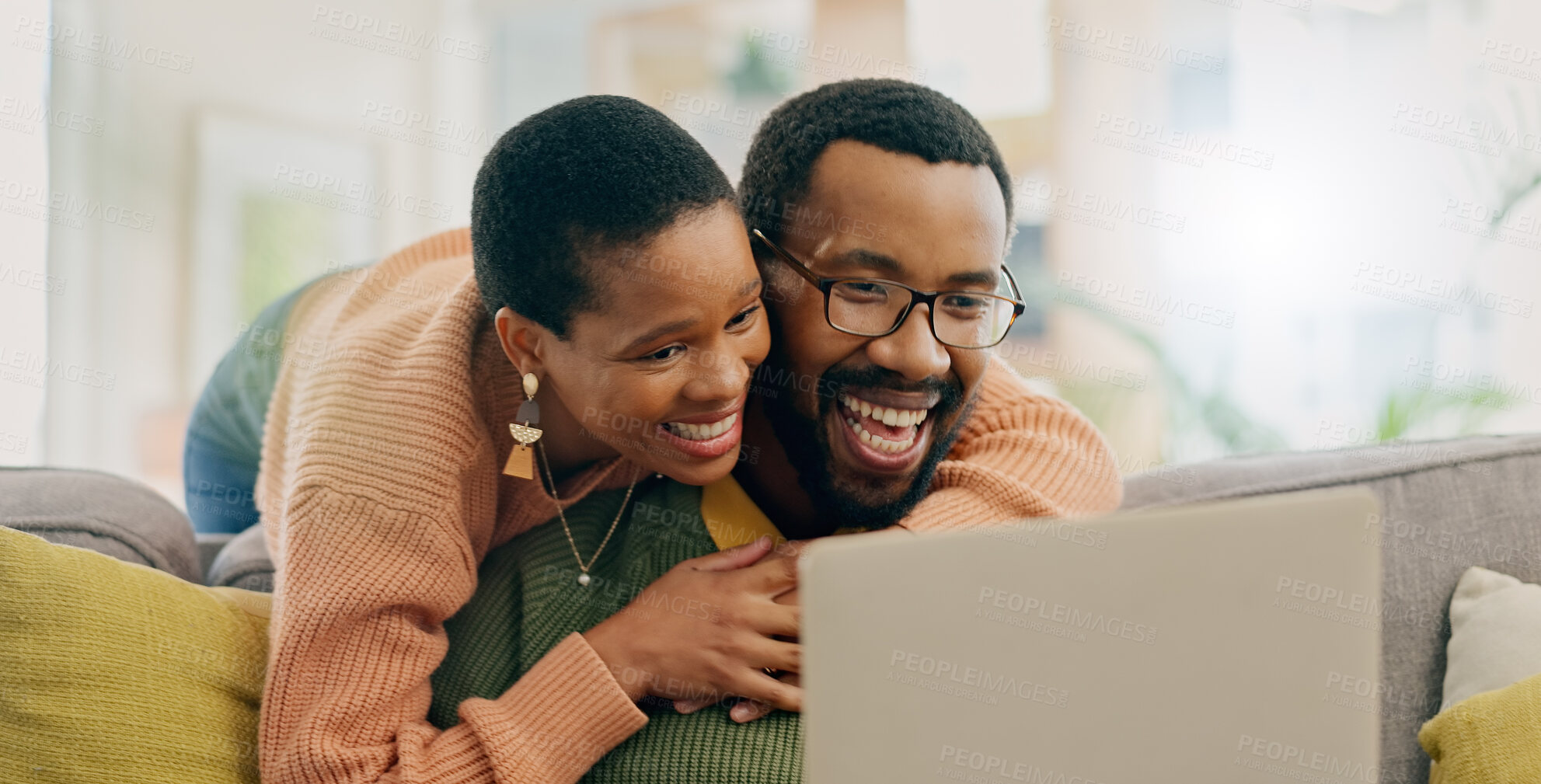 Buy stock photo Home laptop, hug and black couple excited for online shop deal, discount promotion or omnichannel news announcement. Happiness, PC and African people smile for email, notification or feedback report