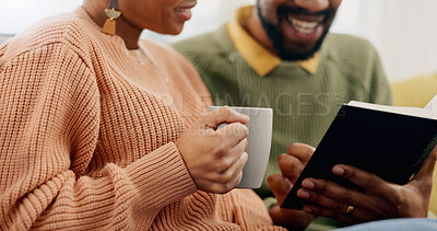 Buy stock photo Home, closeup and black couple with coffee, bible and reading with religion, hope or bonding together. Romance, apartment or man with woman, scripture or holy book with Christian, tea or conversation