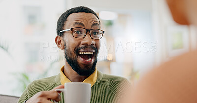 Buy stock photo Coffee, surprise conversation and excited man at home on a living room sofa with a wow and hot drink. Couple, tea and smile with communication and happy together with love and support on couch