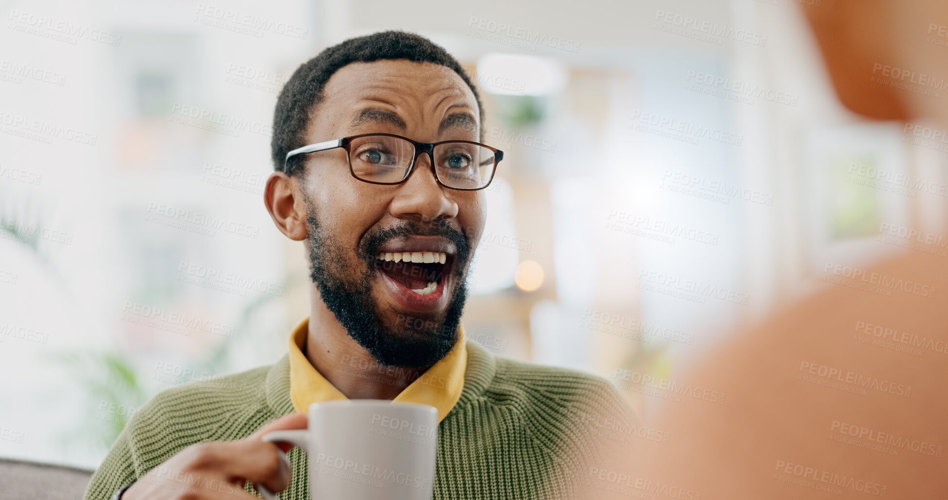 Buy stock photo Coffee, surprise conversation and excited man at home on a living room sofa with a wow and hot drink. Couple, tea and smile with communication and happy together with love and support on couch