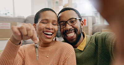 Buy stock photo Black couple, portrait and a selfie with keys in a new home after moving and relocation. Smile, showing and an African man and woman excited with a photo for ownership or buying of a house together