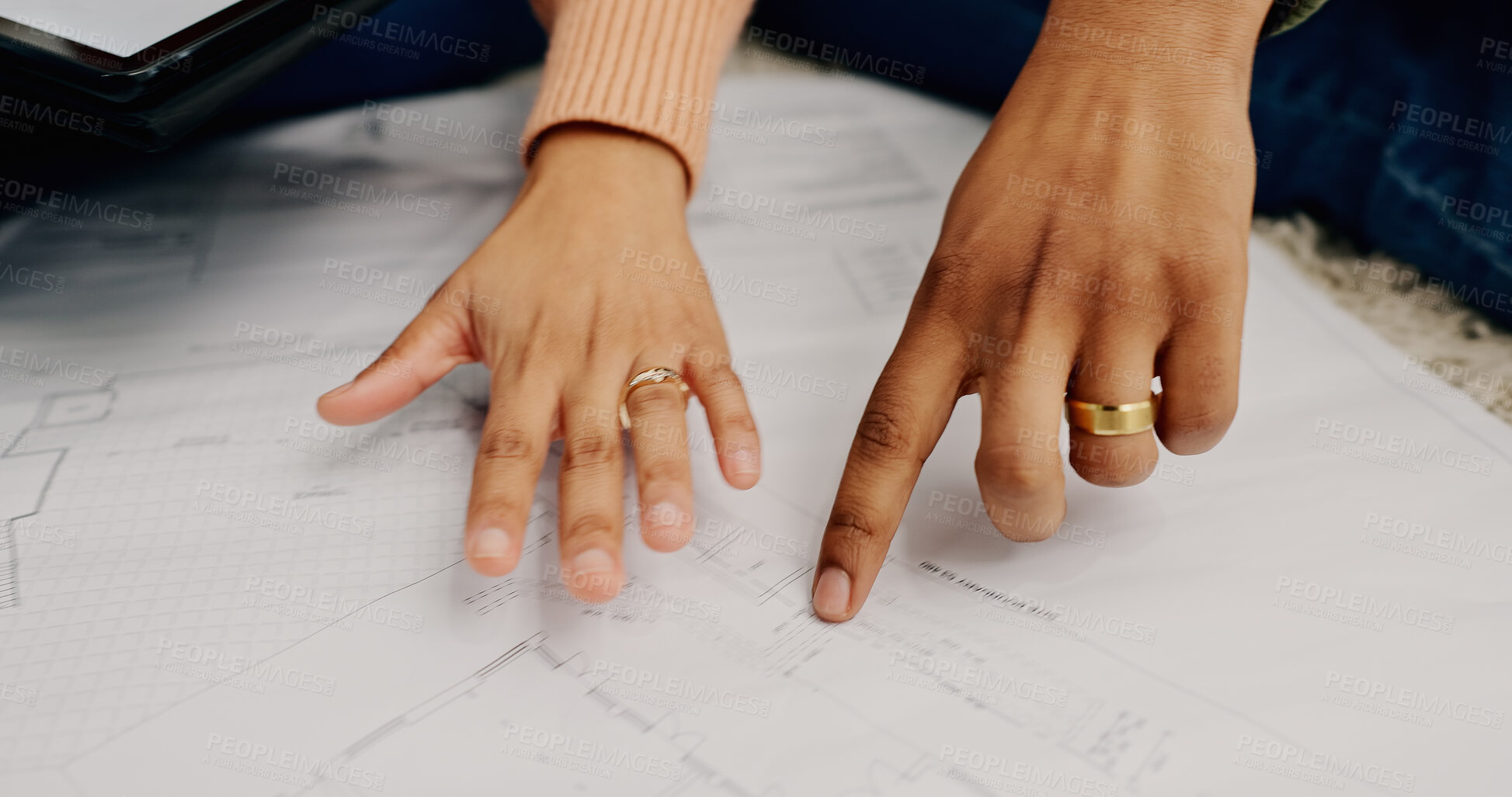 Buy stock photo Closeup, hands and couple with blueprint, cooperation or construction with planning, project or real estate. Man, architecture or engineer with documents, woman or conversation with planning or house