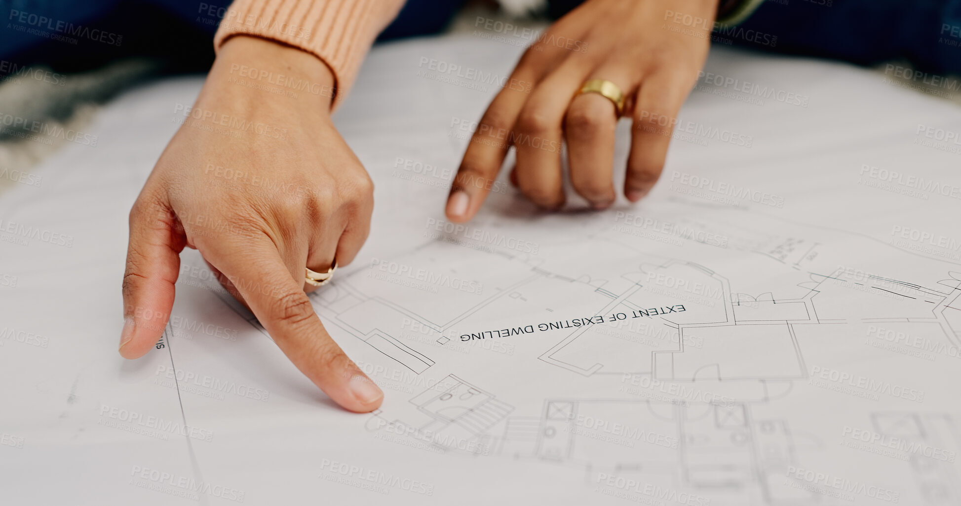 Buy stock photo Closeup, hands and couple with blueprint, teamwork and cooperation with planning, project and real estate. Development architecture and engineer with documents, collaboration and construction